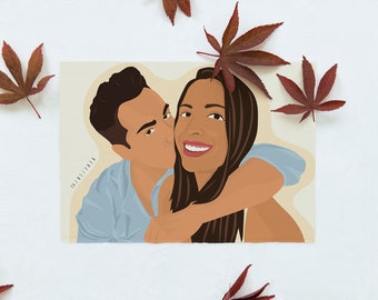 Illustration numérique PERSONNALISÉE à partir de PHOTO, Portrait de couple, Illustration de mariage, Cadeau d'anniversaire, Fond couleur UNIE