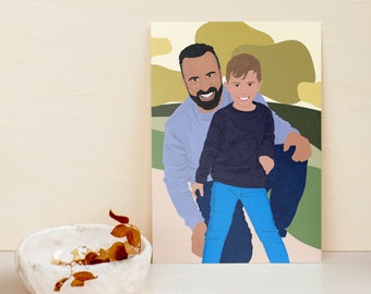 Puede incluir: Impresión en lienzo con una ilustración estilizada de un padre y su hijo. El padre lleva una camisa azul claro, y el niño viste una camiseta azul marino y pantalones azules. El fondo presenta formas verde oliva y beige.