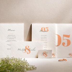 Modelo de convite de casamento minimalista e elegante editável. Inclui garçons, cardápio e minutos. Pacote de casamento.