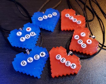 Pixel Heart Necklace -- 8-bit Heart -- Can Be Key Chain As Well -- Pendant Red Blue Geek Nerd I Love You Couples