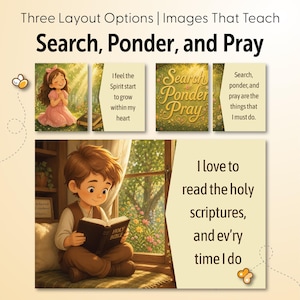 Może przedstawiać: Cyfrowa grafika przedstawiająca trzy opcje układu z tekstem Search, Ponder, and Pray. Zawiera ilustracje dziewczynki w różowej sukience oraz chłopca czytającego Pismo Święte, uzupełnione o wersety religijne i ikony pszczół.