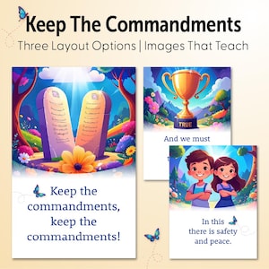 May include: An image with the text "Keep The Commandments" and three layout options. The first layout shows two stone tablets with text, the second a golden trophy, and the third two children. The text "Keep the commandments, keep the commandments!" is also present.