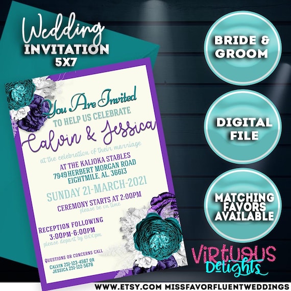 Turquoise & Purple Floral Wedding Invitation (Digital)
