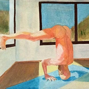 May include: An oil painting depicting a figure in a headstand yoga pose on a blue mat. The figure has peach-toned skin and is positioned in a room with large windows showing a landscape. The scene features warm lighting and visible brushstrokes.