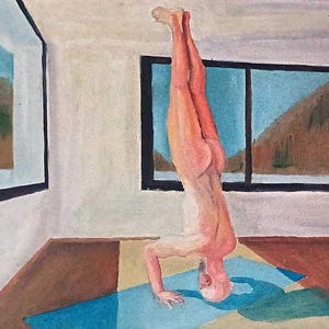 May include: A watercolour painting depicting a figure performing a headstand on a blue and yellow yoga mat. The scene is set in a room with large windows showing a landscape with brown hills and green trees under a blue sky, rendered in soft tones.