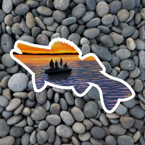 Zander Silhouette Aufkleber - Leben am See Aufkleber - Zander Sonnenuntergang Aufkleber - Zander Angeln Wasserflasche Aufkleber - Familie Angeln Aufkleber