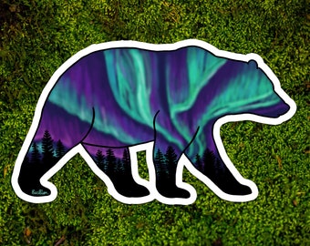 Bear Northern Lights Sticker - Bear Silhouette Vinyl Sticker - Brown Bear Sticker - Night Sky Bear
