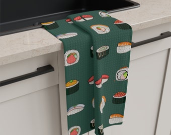 Retro Sushi Dark Sage Mikrofaser Geschirrtuch - Sushi-Küchentuch - Geschenk für Sushi-Liebhaber, Anime-Fans und Japanesecore-Enthusiasten