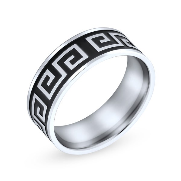 Personalized Mens Geometric Greek Key Black Flat Wedding Band Ring For Men For Women Stainless Steel 8MM Custom Engraved