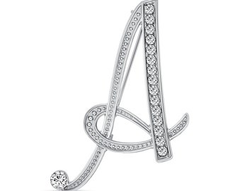 Large Letter Cursive Script Initial Pin Brooch Pave Crystal Silver