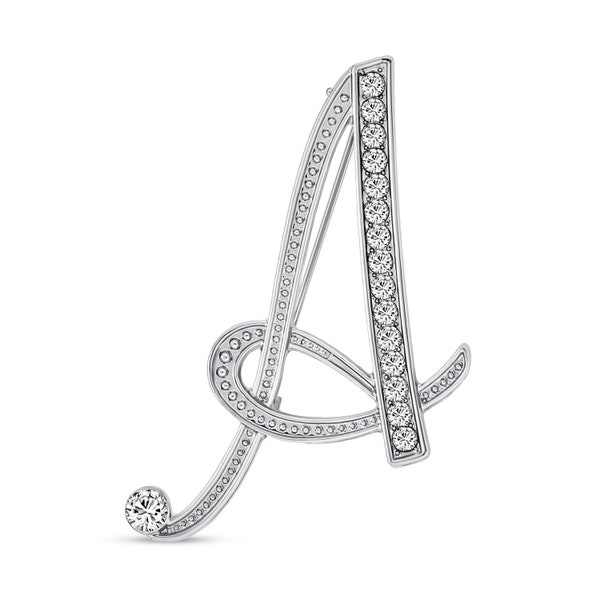 Large Letter Cursive Script Initial Pin Brooch Pave Crystal Silver
