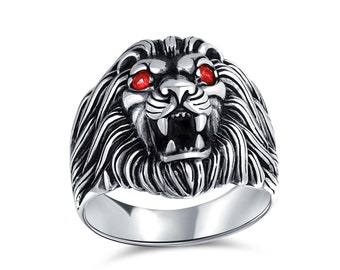 Statement Red Eyes Roaring Lion King Of Jungle Head Ring For Men Solid Oxidized 925 Sterling Silver Handmade In Turkey