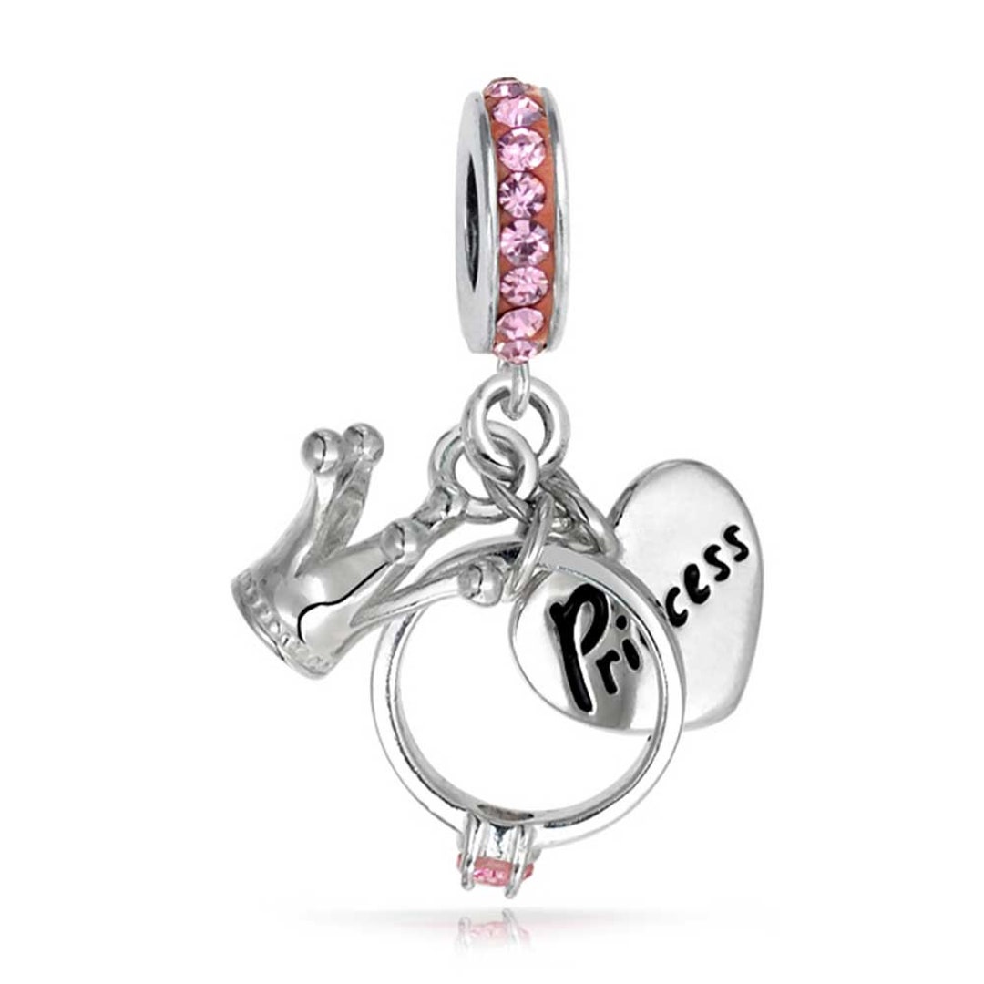 Princess Crown Charm With Rhinestones & Glitter Heart - Fits Pandora Style Bracelets (Pink) - View #2