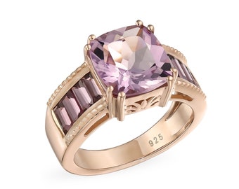 Personalized 5.45CT Square Pink Amethyst Ring Rhodolite Garnet Baguette Rose Gold Plated Sterling Silver Custom Engraved