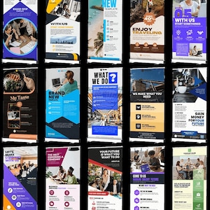 May include: A collection of 20 colourful roll-up banner templates for business, travel, and other purposes. The banners feature various designs and text, including "Brand New", "Enjoy Travelling", "What We Do", "Gain Money for Your Future", and "We Keep You Always Healthy".