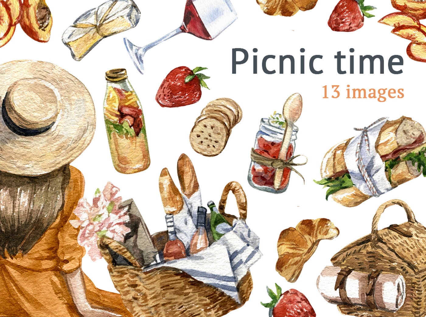 Picnic Clipart Set Watercolor Baskets Summer Picnic Etsy