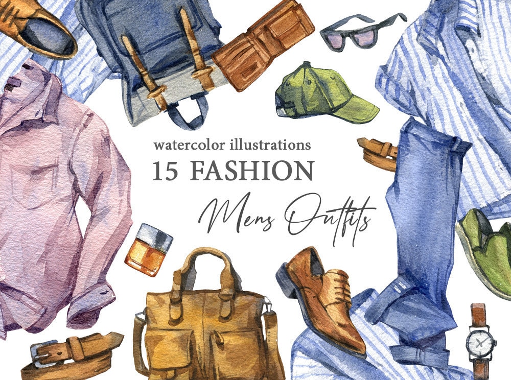MEN'S FASHION Outfits Watercolor Set Collection for Blog Watercolor Men