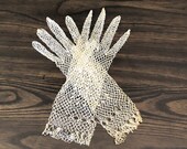 Vintage Cream Tatted Net Gloves with Scalloped Cuffs, Wrist Length, Size XS -Sm