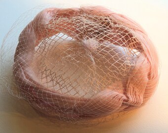 Vintage Pink Tulle Pillbox Hat with Netted Veil, circa 1960s