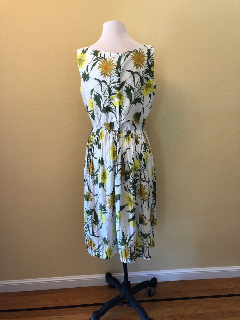 Sleeveless Bold Yellow Size 6-8 1960s Spring Flowers Dress Gold and Green Floral Design on White Background Fun!