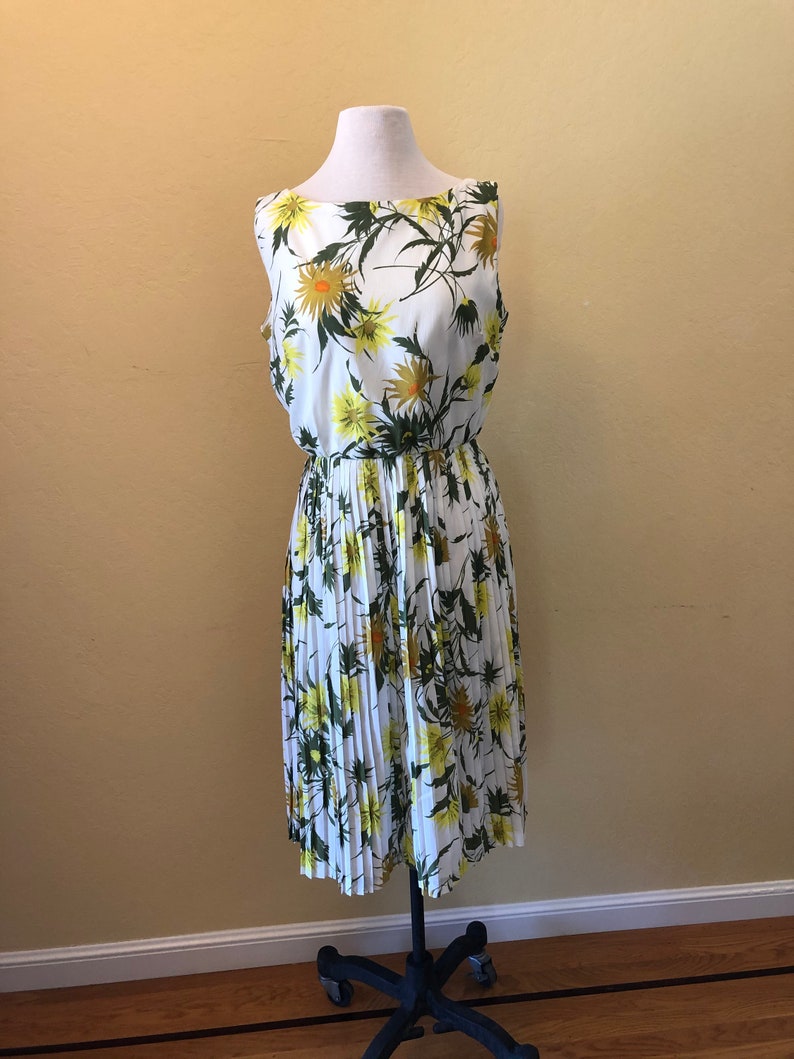 Sleeveless Bold Yellow Size 6-8 1960s Spring Flowers Dress Gold and Green Floral Design on White Background Fun!