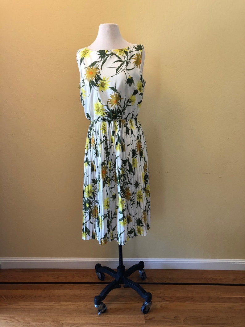 Sleeveless Bold Yellow Size 6-8 1960s Spring Flowers Dress Gold and Green Floral Design on White Background Fun!