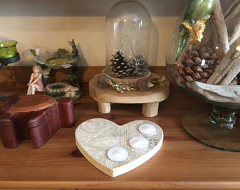 Bougeoir en forme de cœur en bois ou medium avec un magnifique mandala gravé pour un cadeau ou une déco originale