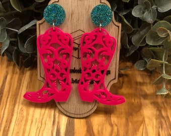 Cowboy Boots Laser Cut Acrylic Earring, Rodeo Earrings, Rodeo Acrylic Statement Earrings, Pierced