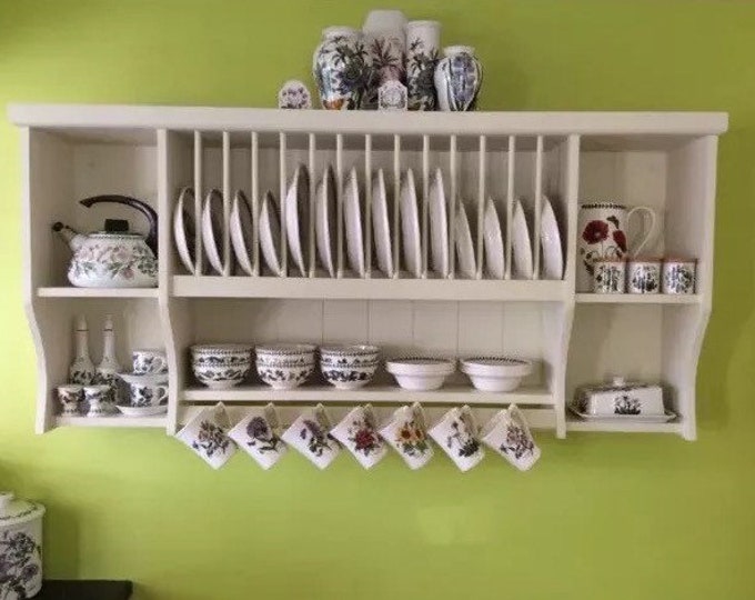 Featured listing image: The Rye handmade pine kitchen plate rack storage available in your chosen f&b colour 12 plate setting