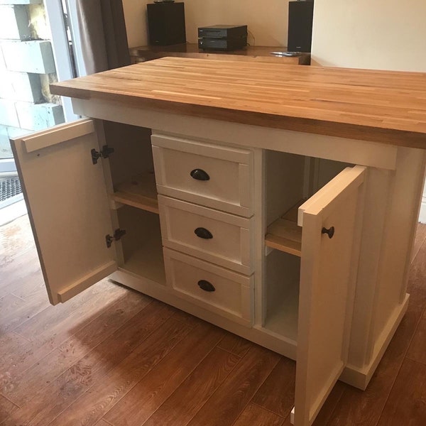 The Carrington bespoke custom made to order kitchen island breakfast bar oak top finished in your chosen farrow and ball colour