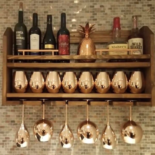 Handcrafted Pine Wall Mounted Wine Rack with Copper T-Bar