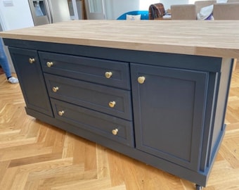 Bespoke Kitchen Island Breakfast Bar, Farrow & Ball Finish, Oak Top, Drawers, Cupboards