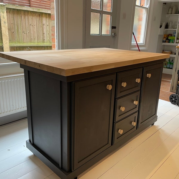 The Hyde  bespoke custom made to order kitchen island breakfast bar oak top finished in your chosen farrow and ball colour