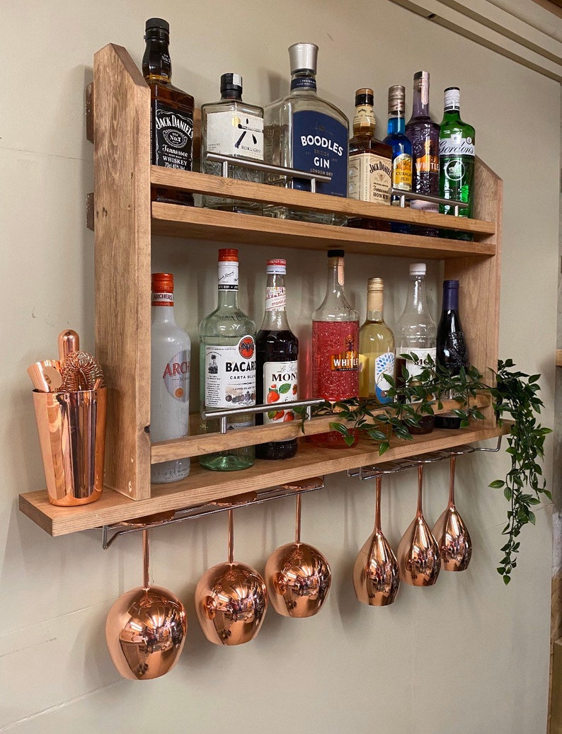Bespoke wall mounted home bar pine handcrafted Gin Rack with Etsy