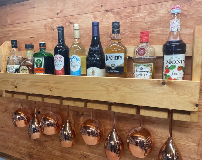 Featured listing image: Wall mounted pine handcrafted Drinks Rack with glass and bottle shelf medium 950 mm long holds eight glasses