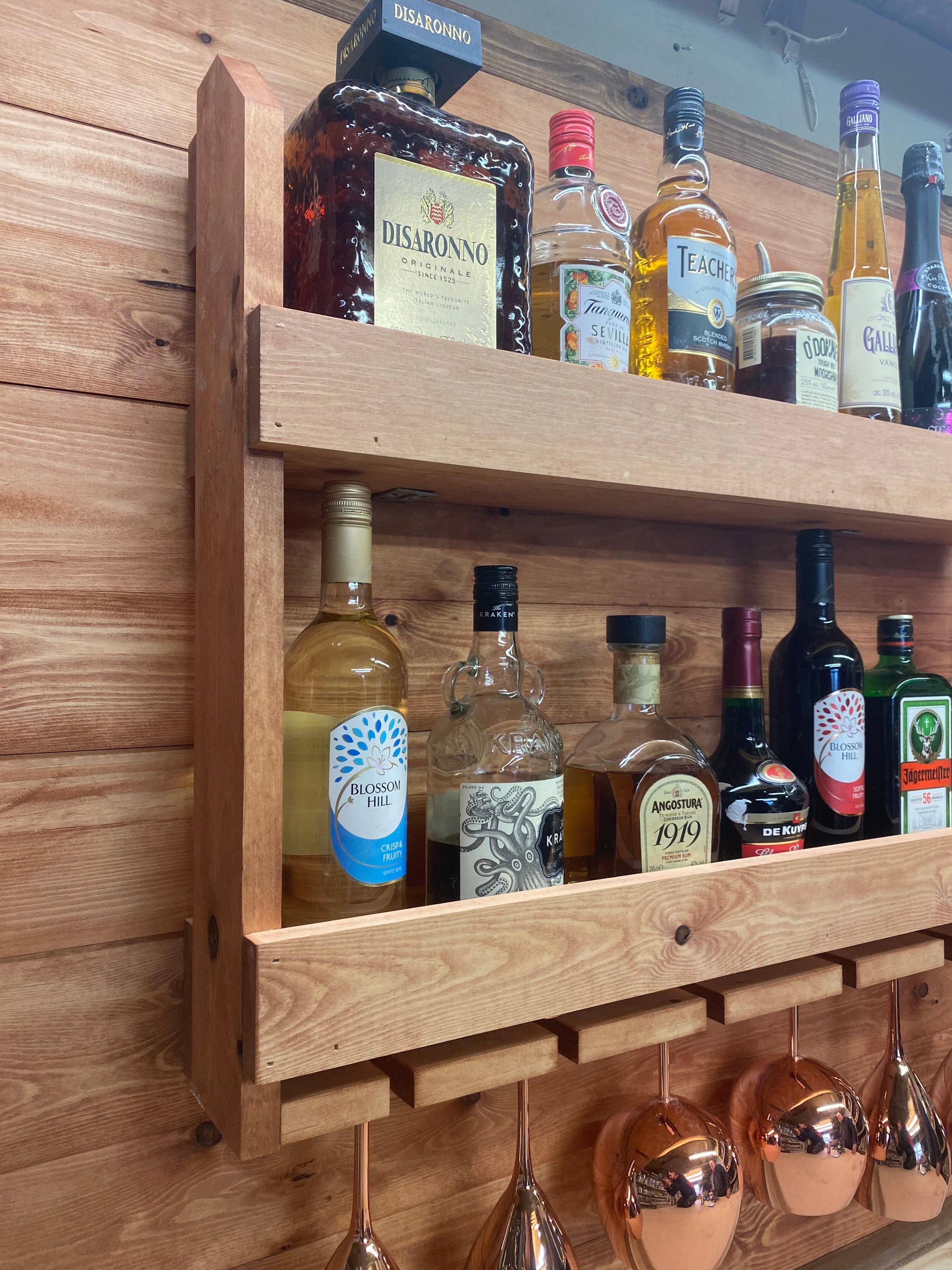 Premium wall mounted solid pine handcrafted Drinks Rack with Etsy