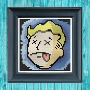 May include: Cross-stitch pattern of a cartoon character with yellow hair, a light brown face, and a blue background. The character has its eyes crossed out and is sticking its tongue out.