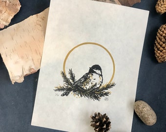 Chickadee in Gold Ring on 12x9” Mulberry Paper