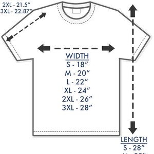 May include: White t-shirt measurement guide with text: Sleeve Length, Width, and Length. Sizes range from S to 3XL. Features include 100% preshrunk cotton, seamless rib at neck, taped shoulder-to-shoulder, and double-needle stitching.