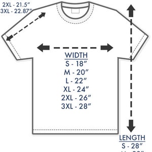 May include: Diagram showing t-shirt measurements in inches for sleeve length, width, and length.  The measurements are listed for sizes S, M, L, XL, 2XL, and 3XL.  The text states that the t-shirt is made of 100% preshrunk cotton, has a seamless rib at the neck, taped shoulder-to-shoulder, and double-needle stitching throughout.