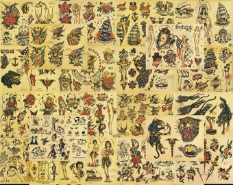 Sailor Jerry Tradizionale Vintage Old Style Tattoo Flash 37 Fogli 11x14&quot; Ragazze, Teschi, Militare, Navi, Tigri, Rose, Pugnali, USN, Pirata