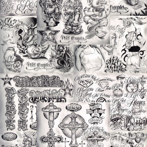 Puede incluir: Un collage de diseños de tatuajes en blanco y negro con varias imágenes, incluyendo cruces, estrellas, calaveras y letras. Las letras incluyen frases como "Forgive Me", "Rest in Peace", "Die Engine Presidente" y "Phat Graphs".