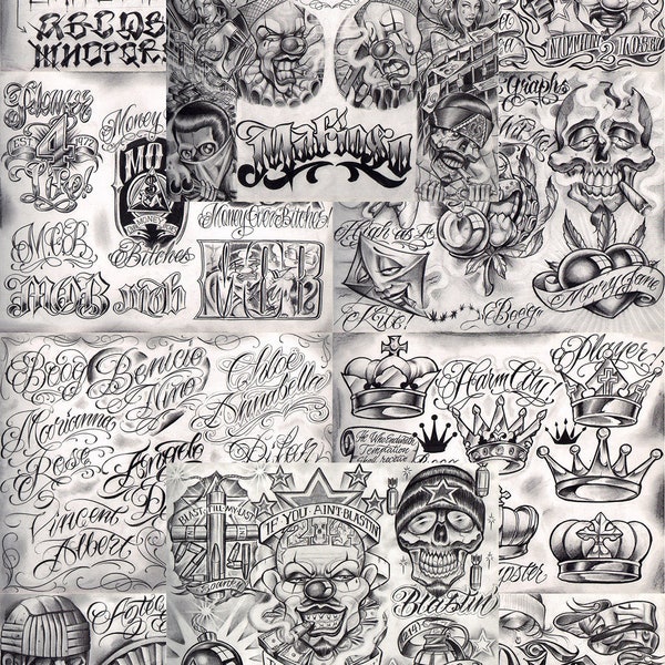 Boog From The Streets With Love Gangsta Style Tattoo Flash 10 Sheet Set 11x14 « F, Grand investissement dans un magasin de tatouage pour l’affichage, lowrider artwork