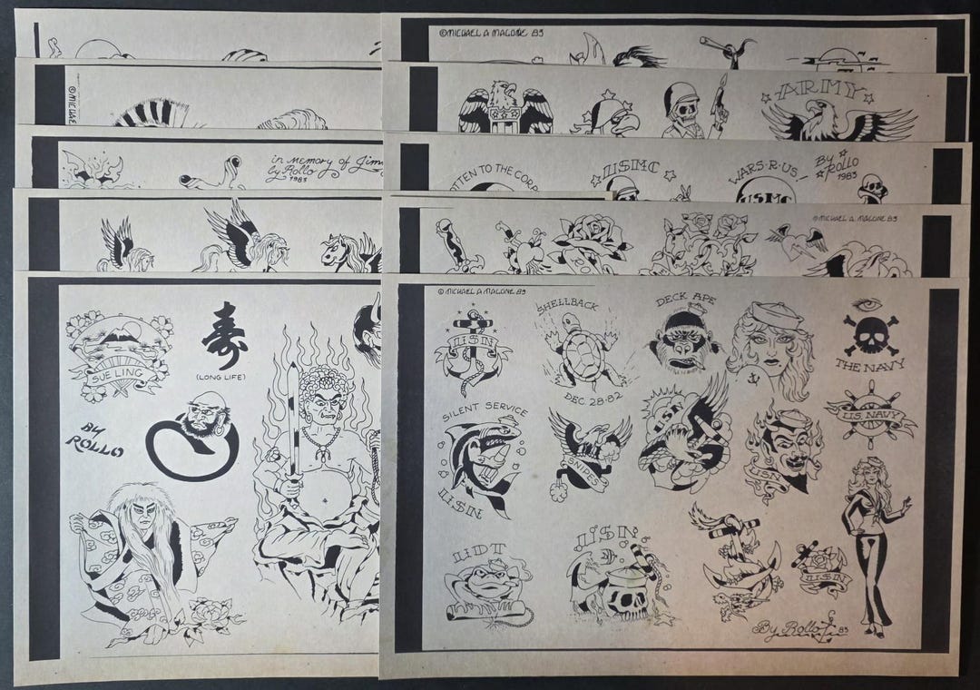 1983, Traditional Mike Rollo Malone Tattoo Flash 10 Sheet , Full Set ...