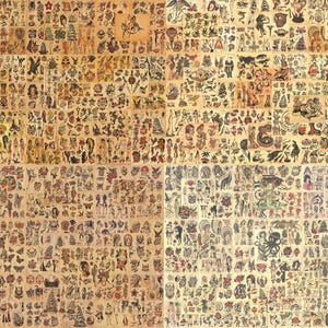 May include: A collection of vintage-style tattoo flash art sheets. The sheets are filled with various tattoo designs, including pin-up girls, animals, nautical themes, and traditional tattoo motifs. The artwork is in black, red, and yellow.