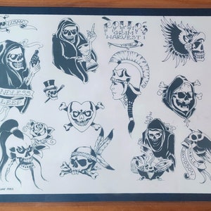 RARE 1982 Mike Rollo Malone Vintage Tattoo Flash Sheet Biker Reaper Skull 11X16&quot;