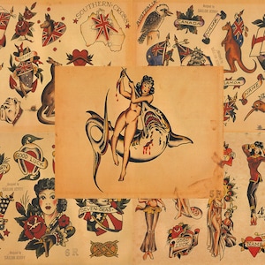 Sailor Jerry Traditional Vintage Style Tattoo Flash 5 Sheets 11x14&quot; Old School Z