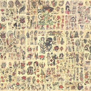 May include: A collage of vintage tattoo flash sheets, displaying traditional tattoo designs. The sheets feature images of pin-up girls, roses, nautical themes, animals, and Native American portraits. The colour scheme includes red, black, and tan.