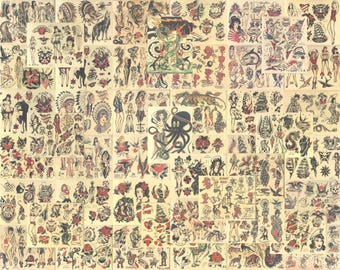 May include: A collection of vintage tattoo flash sheets featuring various designs. The sheets showcase traditional tattoo art with images of pin-up girls, roses, nautical themes, animals, and Native American portraits. The color palette includes red, black, and tan.