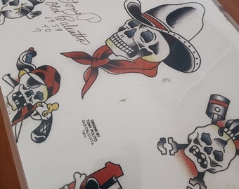 Tony Polito Old Calcutta Traditional Vintage Style Tattoo Flash Sheet 11x14 13, Skulls, Cowboy